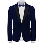 Mens Velvet Blazer Slim Fit Suit Jacket for Men Peaked Lapel One Button Tuxedo Blazer Wedding Prom Dinner Navy Blue