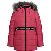 Calvin Klein Girls' Long Length Hooded Puffer Jacket With Fleece Lining, Rasberry Logo Waist, 4