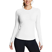 BALEAF Women's Workout Long Sleeve Shirts Fitted Running Athletic Tops Compression Shirt with Thumbholes Quick Dry Stretch White M