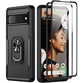 Google Pixel 6A 5G Case with Screen Protector, Military Grade Dual Layer Shockproof Heavy Duty Shockproof Full Body Protective Phone Cover, Built in Rotatable Magnetic Ring Holder for Pixel 6A (Black)
