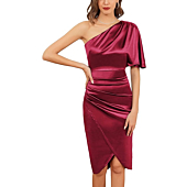 Kate Kasin Women Satin Ruched Bodycon Dress Sexy One Shoulder Asymmetrical Wrap Cocktail Party Formal Midi Dress Burgundy Small