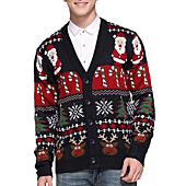Men's Christmas Rudolph Reindeer Holiday Festive Knitted Sweater Cardigan Cute Ugly Pullover Jumper (X Large, Reindeer-Santa&Cane Cardigan)