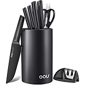 OOU Kitchen Knife Block Set - 8 Pieces High Carbon Stainless Steel Kitchen Knife Sets, Anti-Rust Black Knife Set with Universal Knife Holder