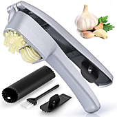 Zulay 2-in-1 Garlic Press Set - Dual Function Garlic Mincer & Slicer - Heavy Duty Easy Squeeze Garlic Crusher with Cleaning Brush & Silicone Garlic Tube Peeler