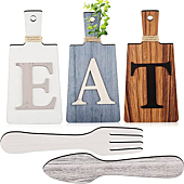Jetec Cutting Board Eat Sign Set Hanging Art Fork and Spoon Wall Decor Rustic Primitive Country Farmhouse Kitchen Decor for Kitchen and Home Decoration ()