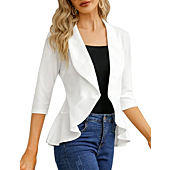 KOJOOIN Womens Casual Blazer 3/4 Sleeve Open Front Ruffle Work Office Cardigan Suit Jacket White L