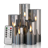 Eywamage 5 Pack Slim Grey Glass Flameless Pillar Candles Batteries Included, Flickering LED Candles with Remote D 2" H 3" 4" 5" 6" 7"