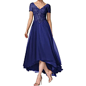 Short Sleeves Mother of The Bride Dresses for Women Lace Appliques V Neck High-Low Formal Wedding Party Prom Dress Royal Blue