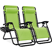 Best Choice Products Set of 2 Adjustable Steel Mesh Zero Gravity Lounge Chair Recliners w/Pillows and Cup Holder Trays - Lime Green