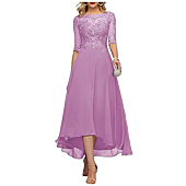 Kajumi 3/4 Sleeves Mother of The Bride Dresses for Women Lilac Tea Length Lace Prom Dresses for Women Long Size 14