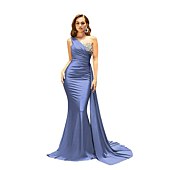 One Shoulder Mermaid Bridesmaid Dresses Long Satin Beaded Lace Appliques Bodycon Formal Evening Party Gown Dusty Blue 2