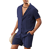 COOFANDY Men's 2 Pieces Shirt Set Short Sleeve Button Down Casual Hippie Holiday Beach T-Shirts Shorts Outfits (Navy Blue, Large)
