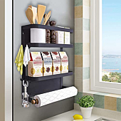 Magnetic Spice Rack, Magnetic Shelf with Paper Towel Holder 2 Tier Kitchen Refrigerator Storage Rack Fridge Magnet Organizer(Black, Medium)