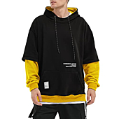Hoodie Mens Hooded Sweatshirt Patchwork Casual Pullover Crew Neck Contrast Color with Pocket(Yellow,5XL)