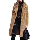 Angashion Women's Fuzzy Fleece Lapel Open Front Long Cardigan Coat Faux Fur Warm Winter Outwear Jackets Dark Camel S