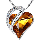 Leafael Women’s Silver Plated Infinity Love Heart Pendant Necklace Amber Brown Birthstone Crystal for November, Jewelry Gifts for Her, 18 + 2 inch Chain, Anniversary Necklaces for Wife Mom Girlfriend