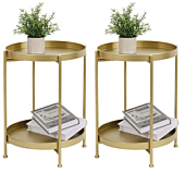 LITA 2 Pcs End Table Metal Round Tray 2-Tier Side Table Small Folding Accent Coffee Table Sofa Side Snack Table Anti-Rust and Waterproof Nightstand for Living Room Bedroom Balcony and Office, Gold
