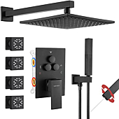 Shower Faucets Sets Complete Matte Black Shower System,Push Button Diverter Shower Faucet with 2 in 1 Handheld,10 Inch Shower Head with 4 PCS Body Jets(Rough-in Valve Body and Trim Included)