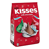 A bag of individually wrapped Hershey's Kisses milk chocolate candies in festive red, green, and silver foils