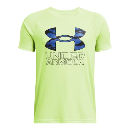 Under Armour Boys Tech Hybrid Print Short Sleeve T Shirt, (304) Morph Green/Morph Green/Tech Blue, Medium