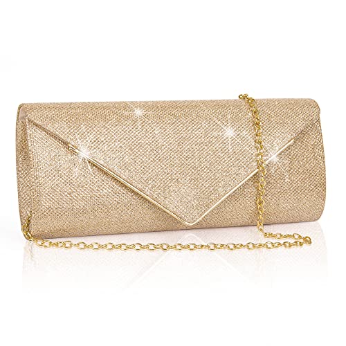 Larcenciel Clutch Purses for Women, Sparkling Envelope Evening Bag with Detachable Chain, Glitter Sequins Metal Formal Handbag Shoulder Crossbody Bag Prom Party Purse Bridal Wedding Bag-Champagne Gold
