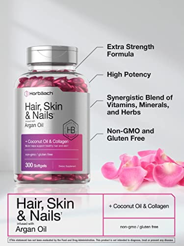 Hair Skin and Nails Vitamins | 300 Softgels | with Biotin and Collagen | Infused with Argan Oil and Coconut Oil | Non-GMO, Gluten Free Supplement | by Horbaach