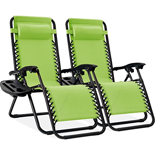 Best Choice Products Set of 2 Adjustable Steel Mesh Zero Gravity Lounge Chair Recliners w/Pillows and Cup Holder Trays - Lime Green