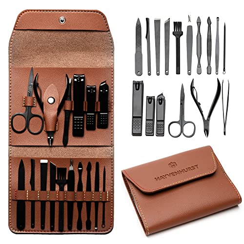 Nail Kit - Nail Clipper Set - Manicure Set - 15 Stainless Steel Pieces Manicure Kit For Men’s - Pedicure Kit With Nail Clippers For Men - Mens Grooming Kit With Luxurious Brown Leather portable Travel Case by Hayvenhurst