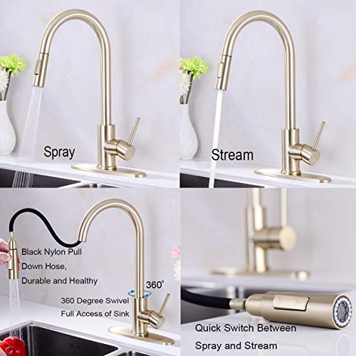 WENKEN Kitchen Faucet, Brushed Gold Kitchen Faucet, 360 Degree Swivel High Arc Pre-Rinse Brass Kitchen Faucet with Deck Plate, Kitchen Faucet with Pull Down Sprayer