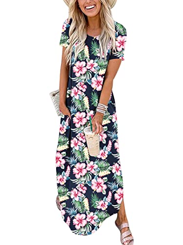 ANRABESS Women's Summer Casual Loose Short Sleeve Long T Shirt Dress Split Maxi Beach Sundress Travel Vacation Outfits Floral Print Large