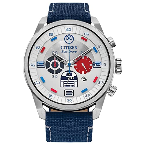Citizen Men's Eco-Drive Star Wars R2-D2 Chronograph Stainless Steel Watch with Cordura Strap, Silver Dial (Model: CA4219-03W)