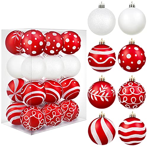 MCEAST 24 Pieces Christmas Ball Ornaments Painting & Glittering Christmas Tree Pendants Shatterproof Decorative Baubles in 8 Patterns for Christmas Tree Decorations, Red and White