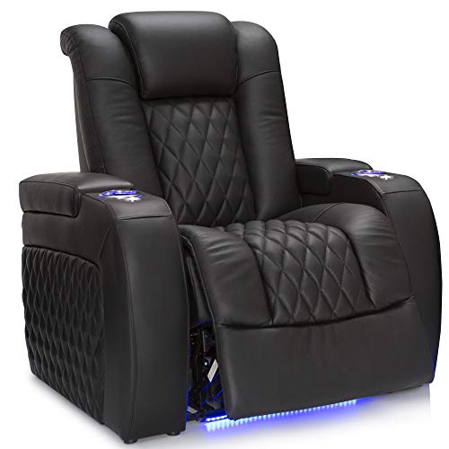 Seatcraft Diamante - Home Theater Seating - Living Room - Power Recline - Top Grain Leather - Powered Headrests - Cupholders - USB Charging - Ambient Lighting - Arm Storage, Single Recliner, Black