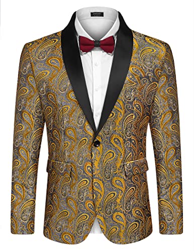 COOFANDY Mens Floral Tuxedo Jacket Paisley Shawl Lapel Suit Blazer Jacket for Dinner,Prom,Wedding Golden Yellow
