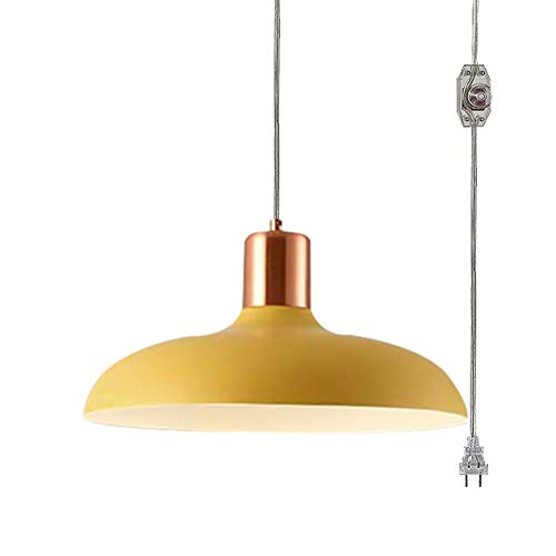 Instant On Hanging Swag Lamp no Wiring Needed Portable UL Listed Pendant Light with 15ft Plug-in UL Dimmable Transparency Cord Macaron Yellow Lamp Iron Stoving Varnish Finished Lampshade Customizable