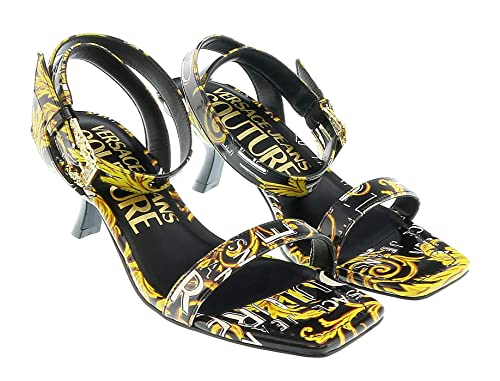 Versace Jeans Couture Black Gold Baroque Print Mid Heel Sandals-5.5 for womens