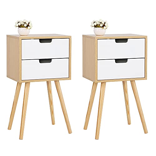 Tall Nightstand Set of 2 for Bedroom, Wood Night Stand with Drawers, White Bedside Table Set of 2, Mid Century Modern Nightstand, Bedroom End Side Table, Natural