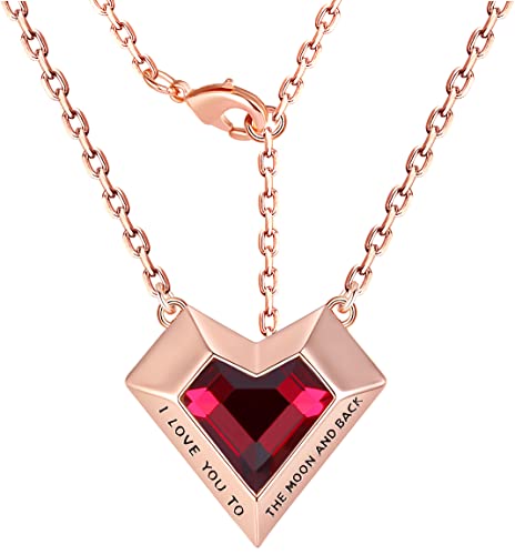 Leafael Ivy Heart Necklaces for Women, 925 Sterling Silver Chain, Garnet Red January Birthstone Crystal Geometric 3D Pendant, Rose Gold Plated, Jewelry Gifts for Her, I Love You to The Moon and Back