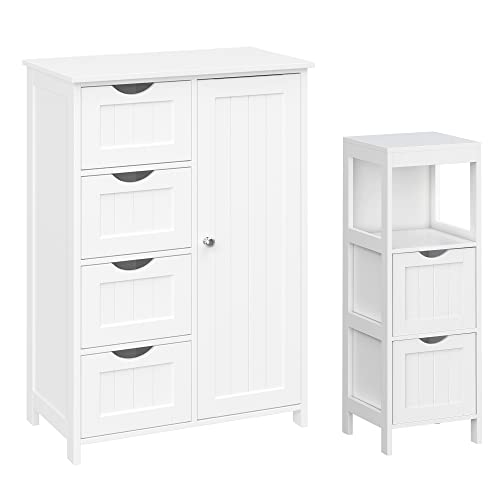 VASAGLE Bathroom Cabinet and Drawer Cabinet Bundle, 2-Door Floor Cabinet, Linen Tower, Open and Closed Storage for Bathroom, White UBBC42WTand UBCB60W