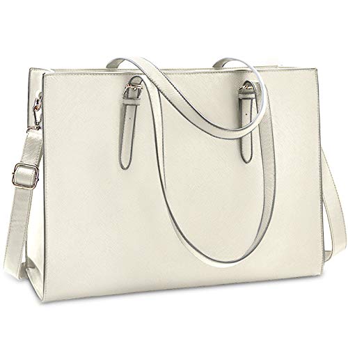 Laptop Bag for Women Waterproof Lightweight Leather 15.6 Inch Computer Tote Bag Business Office Briefcase Large Capacity Handbag Shoulder Bag Professional Office Work Bag Beige