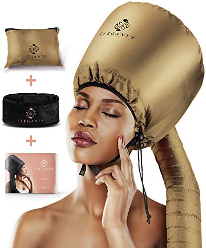Eleganty Soft Bonnet Hood Hairdryer Attachment with Headband that Reduces Heat Around Ears and Neck to Enjoy Long Sessions - Used for Hair Styling, Deep Conditioning and Hair Drying (Gold)