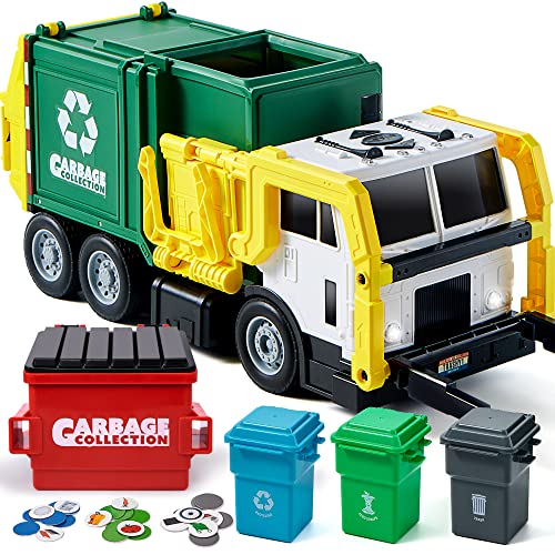 Large red friction powered garbage truck toy with opening dumpster and trash bins.