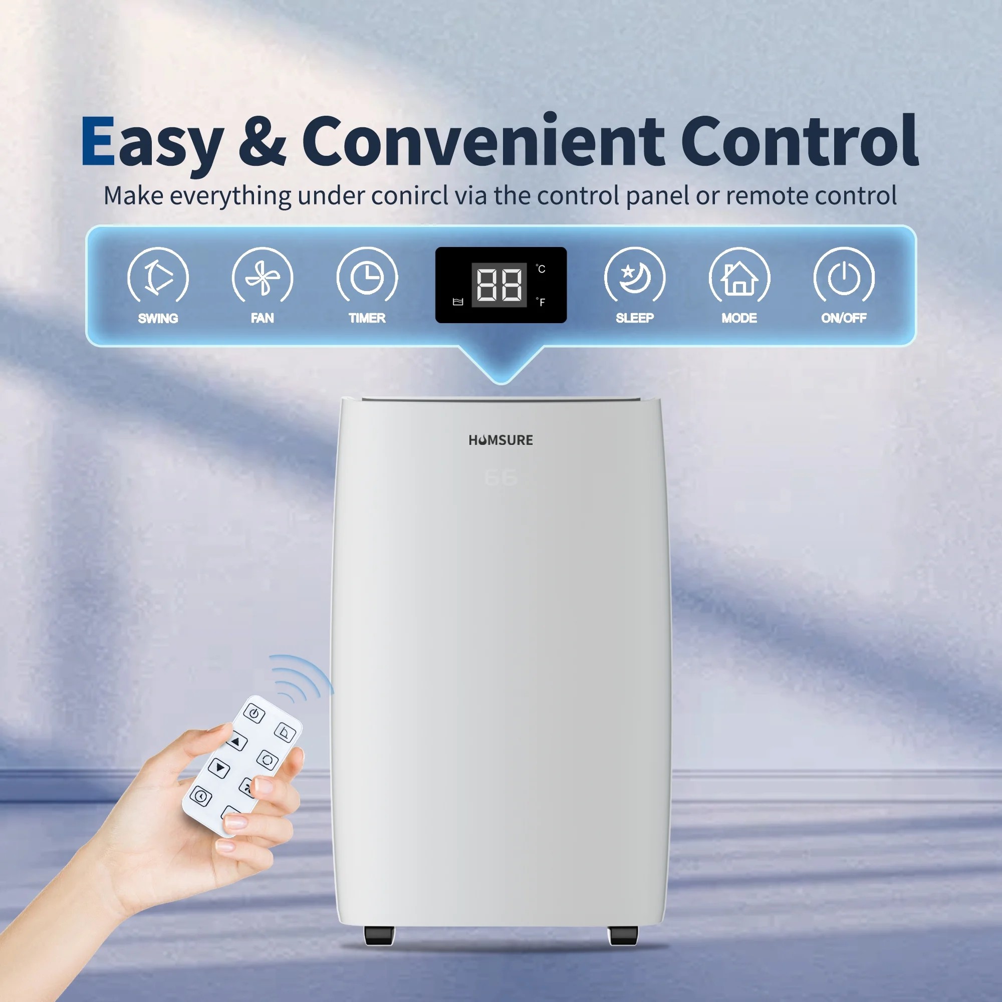HUMSURE Portable Air Conditioner 14000 BTU front view with remote control