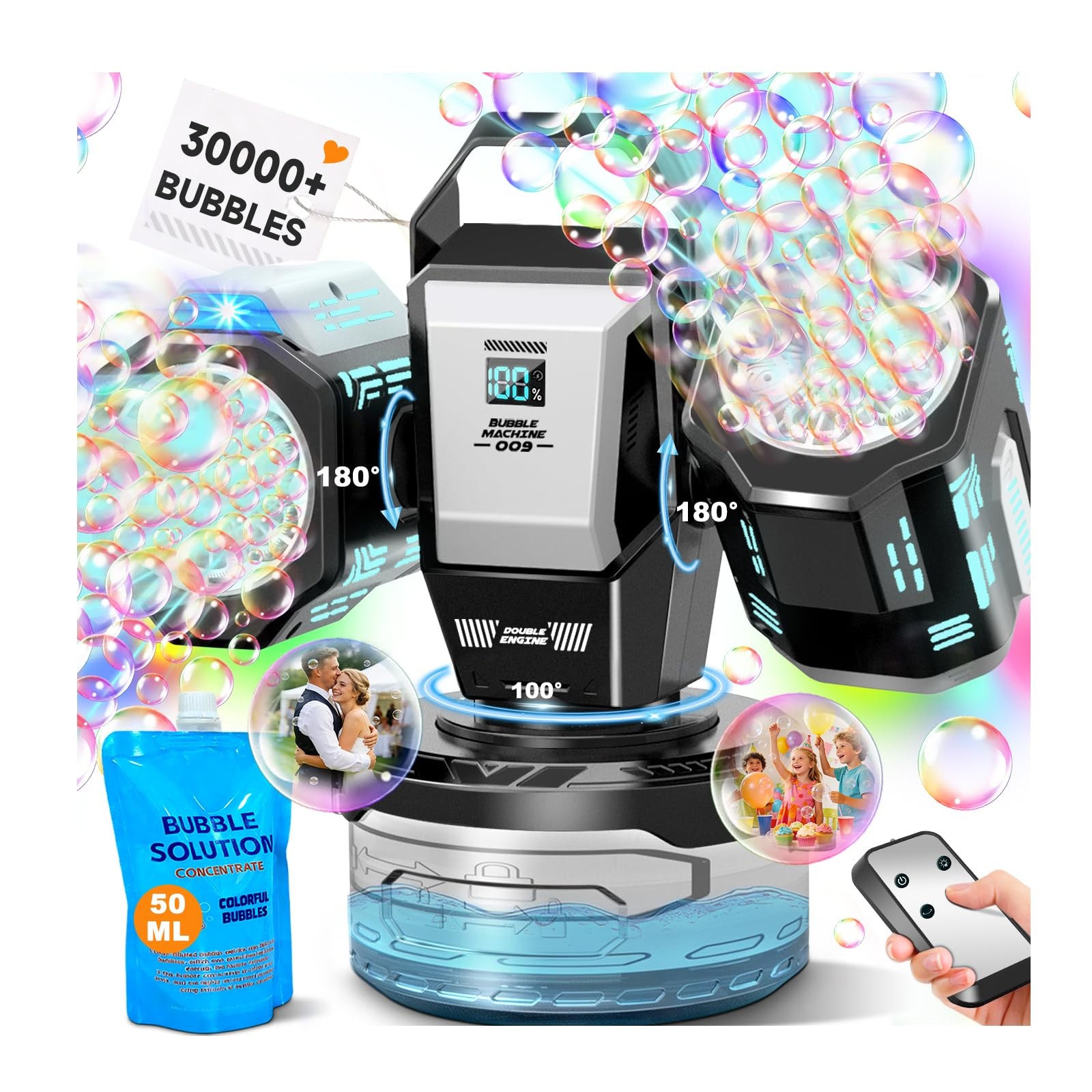 Rechargeable Bubble Machine Automatic 360 Rotation Remote Control Black Lights