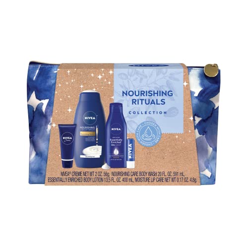 NIVEA Skin Care Set For Her, Nourishing Body Wash, Moisturizing Body Lotion, Lip Balm Stick with Shea Butter, & Multi Purpose Face, Body & Foot Cream, 4 Piece Gift Set