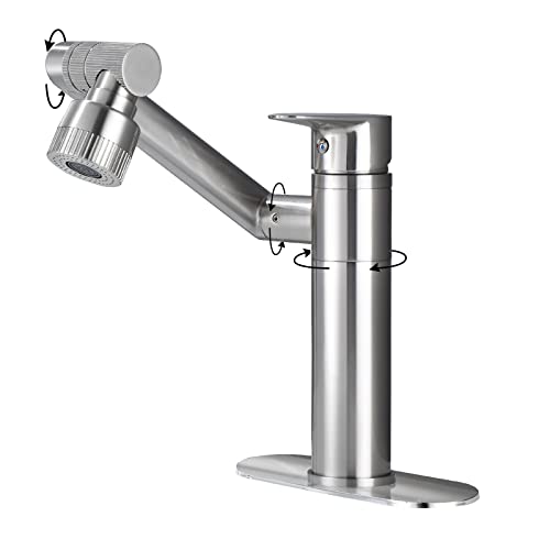 HUAHUALALA 1080 Degree Swivel Faucet for Bathroom Sink,Kitchen Faucet with Big Angle Rotate Spray Dual Function,Single Handle Vanity Faucet with Deck Plate,Lavatory Faucet,1 or 3 Hole Brushed Nickel