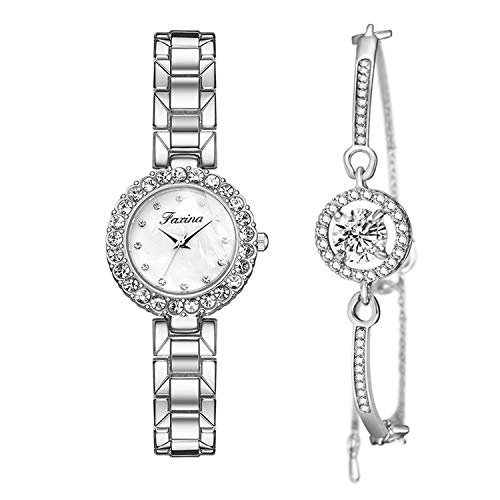 Clastyle Rhinestones Women Silver Watch and Bracelet Set Elegant Mother of Pearl Dial Small Wrist Watches Gift for Her