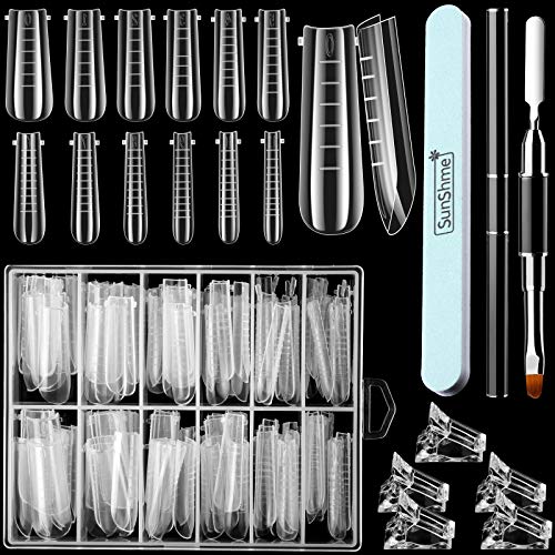 120 Pieces Dual Nail Forms Set Gel Nail Mold Extension Forms Coffin Nail Gel Forms for Acrylic UV Nails Clear with 12 Sizes Scale and Nail Clips Gel Brush Pen 600/3000 Grit Nail Buffer