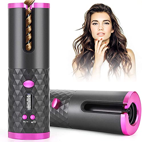 Cordless Automatic Hair Curler, Ceramic Rotating Wireless Auto Curling Iron Wand, Portable USB Rechargeable Spin Curler for Hair Styling (Grey)