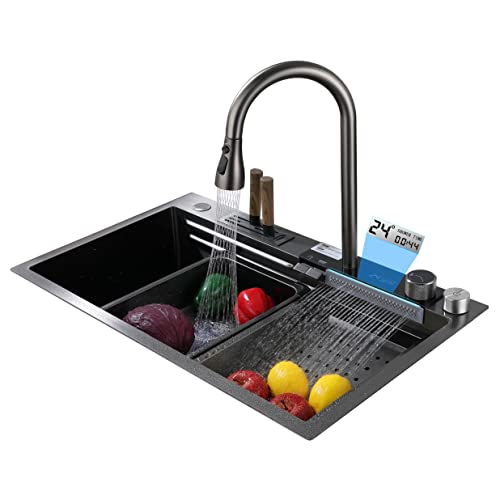 Black Kitchen Sink 304 Stainless Steel Sink Single Bowl Workstation Kitchen Sink with Multifunctional Digital Display Fly Rain Pull-Out Gray Faucet and Sink Accessories, 46 * 75cm